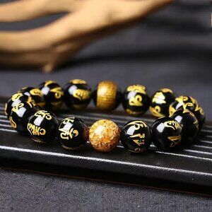 NEW BRIGHT GOLDEN OBSIDIAN STONE BEADS STRETCH MANTRA BUDDHIST BRACELET 36